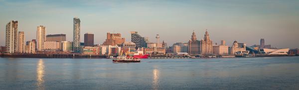 Panorama of Liverpool with the Mersey Ferry in the foreground