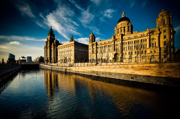 The Three Graces of Liverpool shown in this skyline panorama